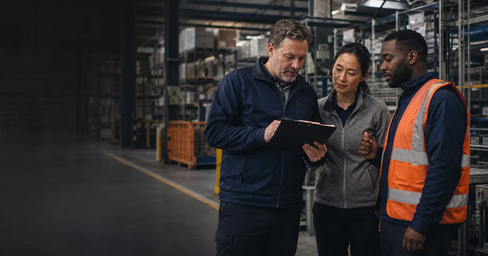 Professionals reviewing an operational plan inside an organized production facility