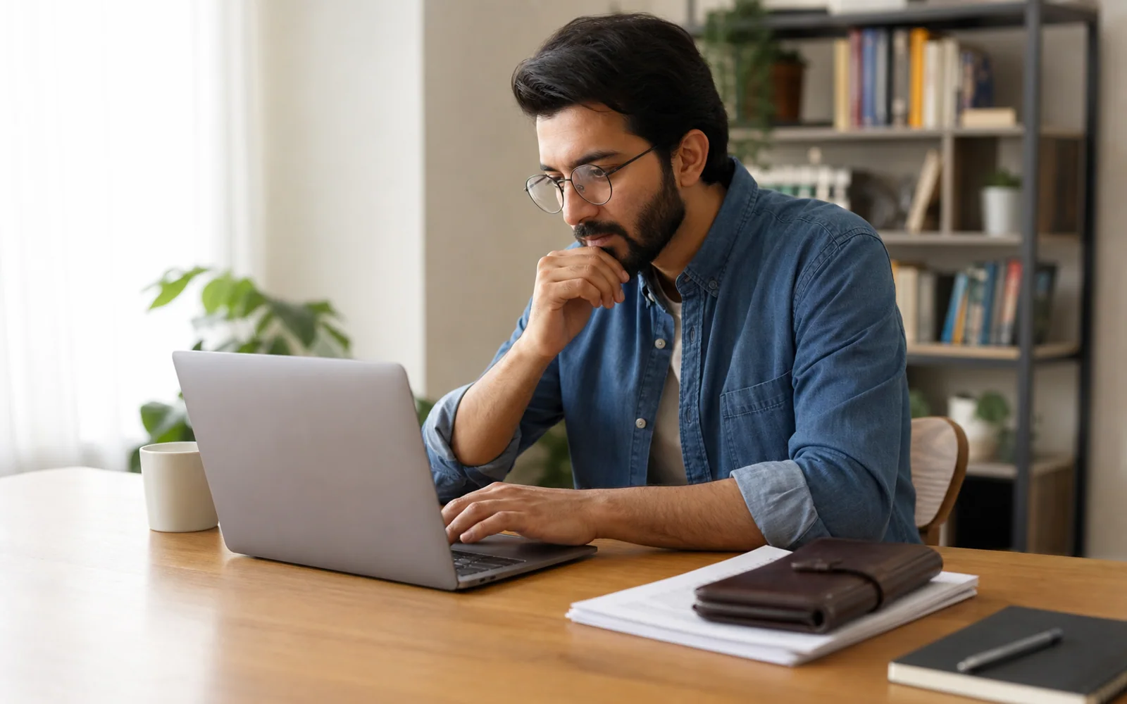 A candidate researching official work information on a laptop with documents kept safely nearby