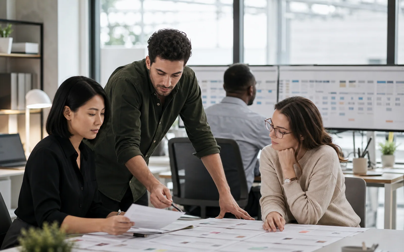 Recruitment professionals coordinating a structured candidate pipeline in a modern office