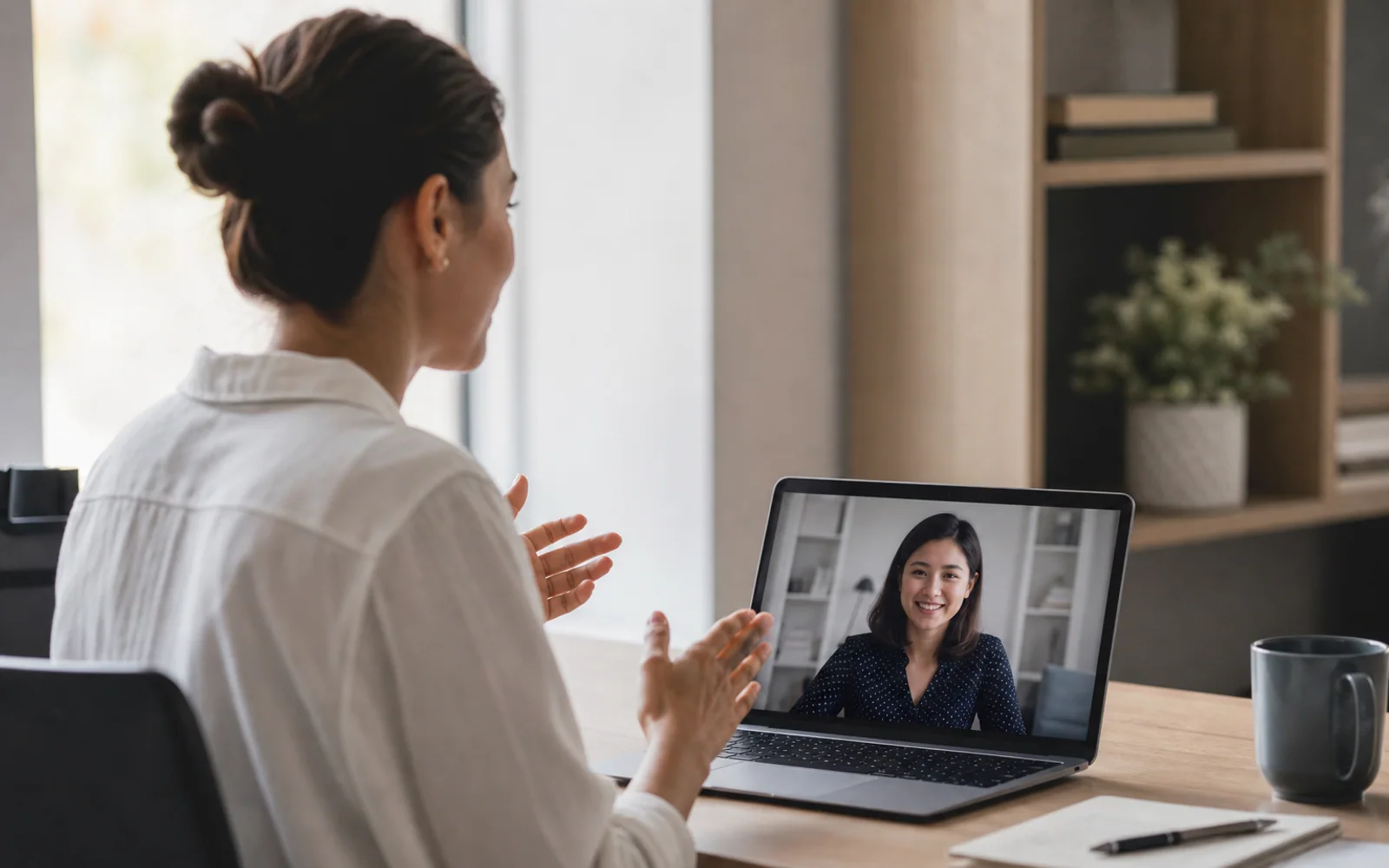 A candidate taking part in a professional video interview through a laptop