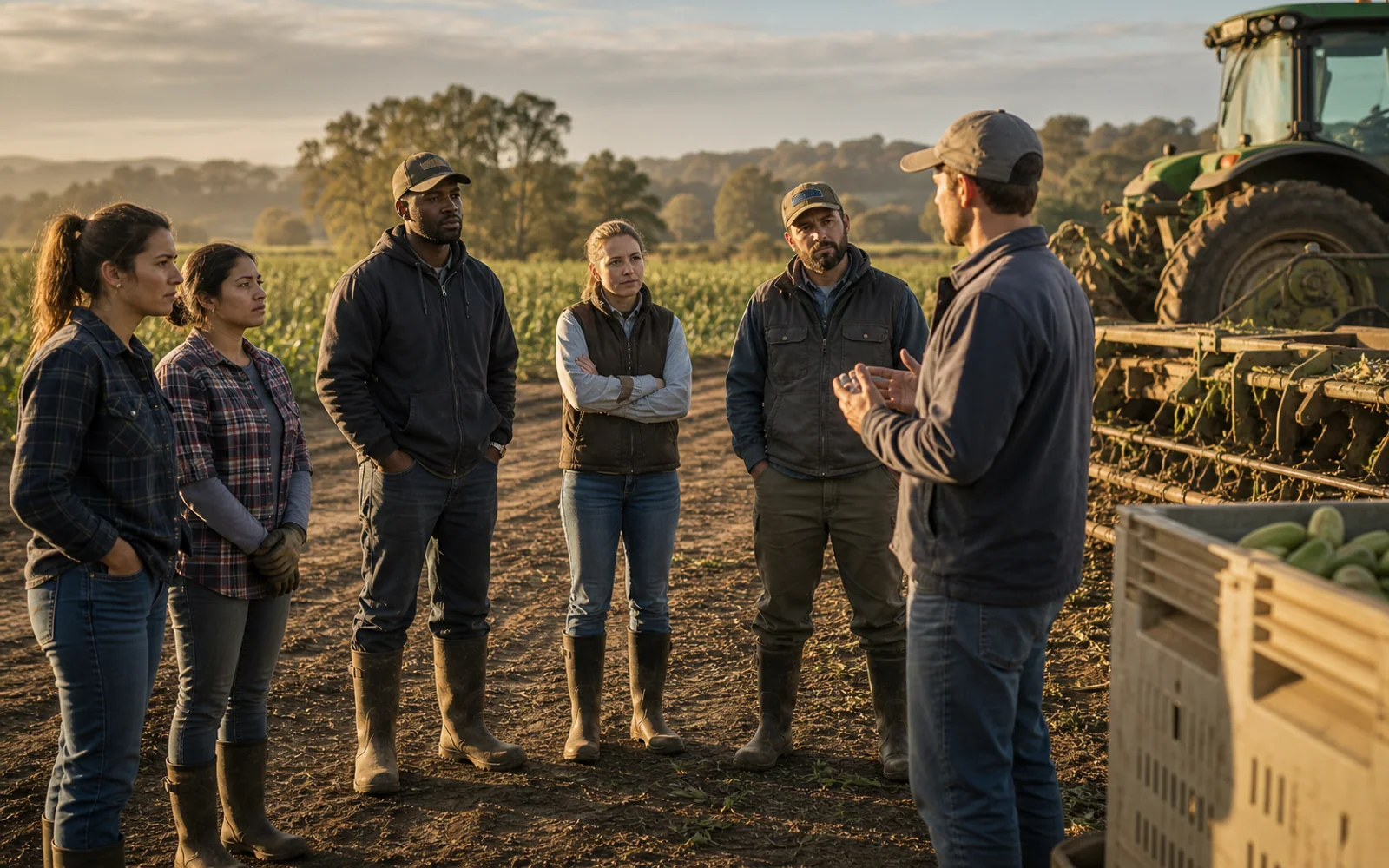 Seasonal workers and a supervisor preparing for a commercial agricultural work period