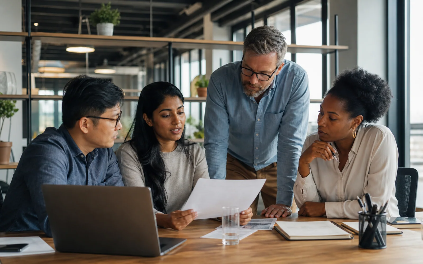 An international recruitment team collaborating in a professional office