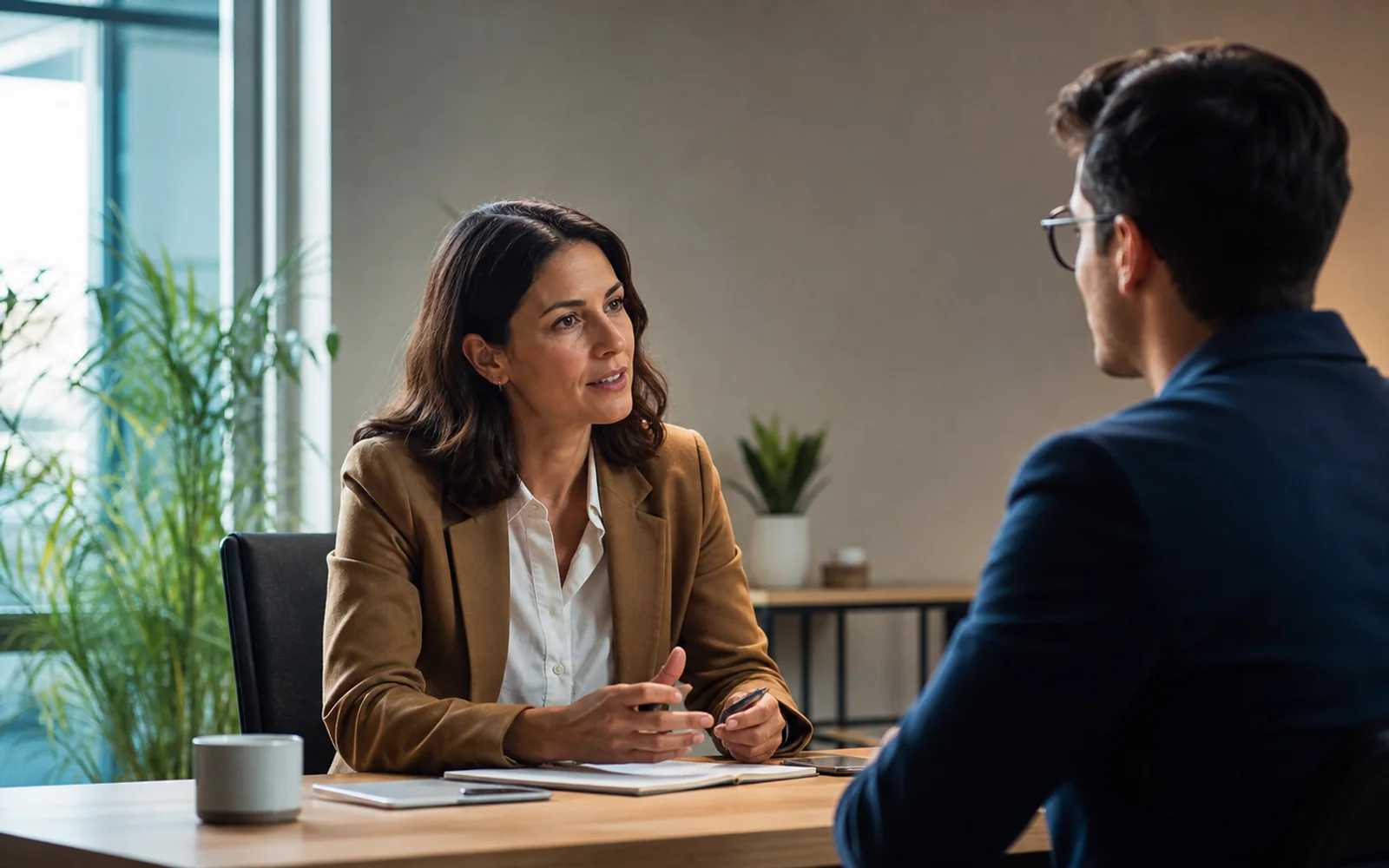 A recruiter and candidate having a clear professional conversation across a desk