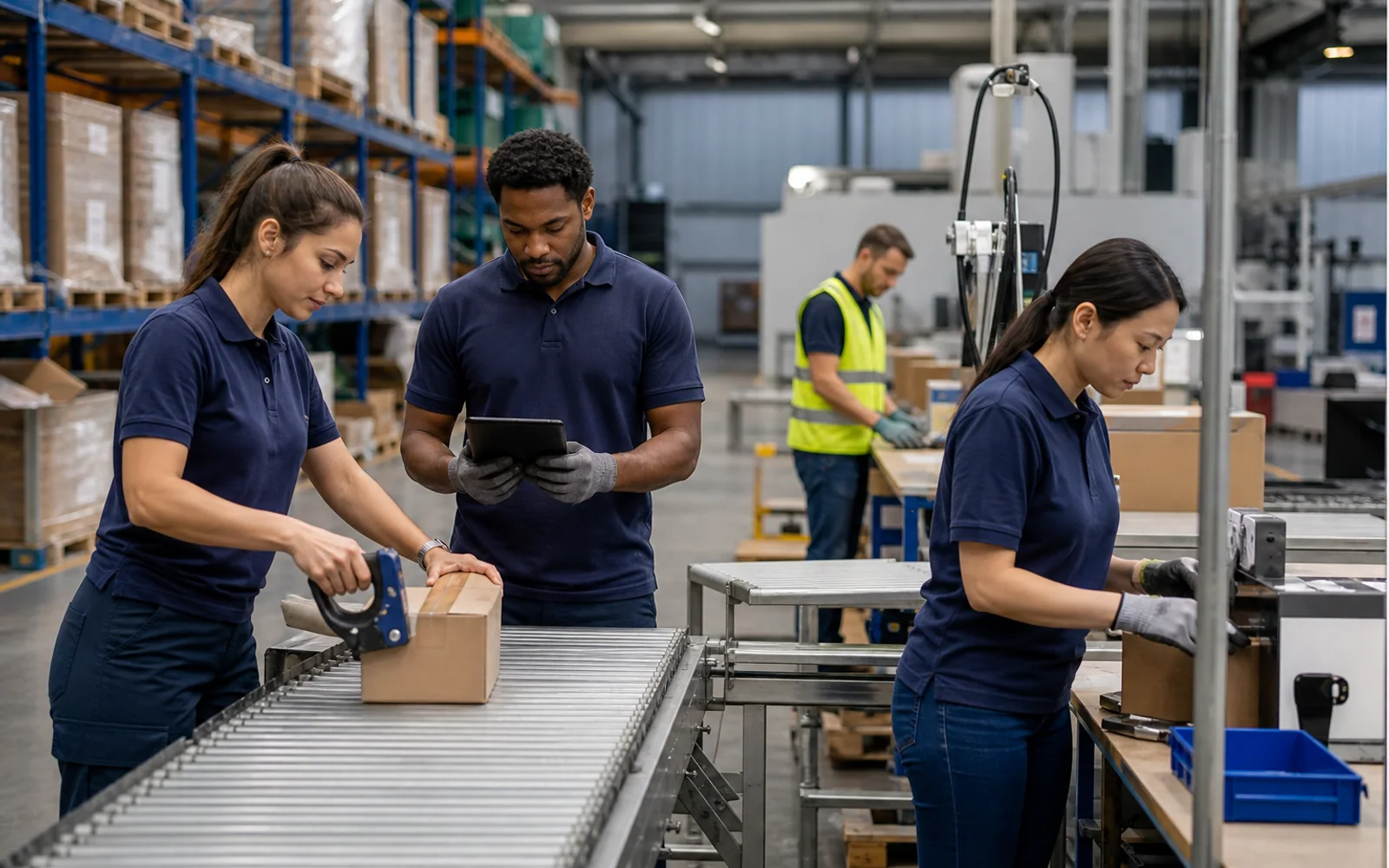 Warehouse and production workers coordinating tasks in an organised industrial environment