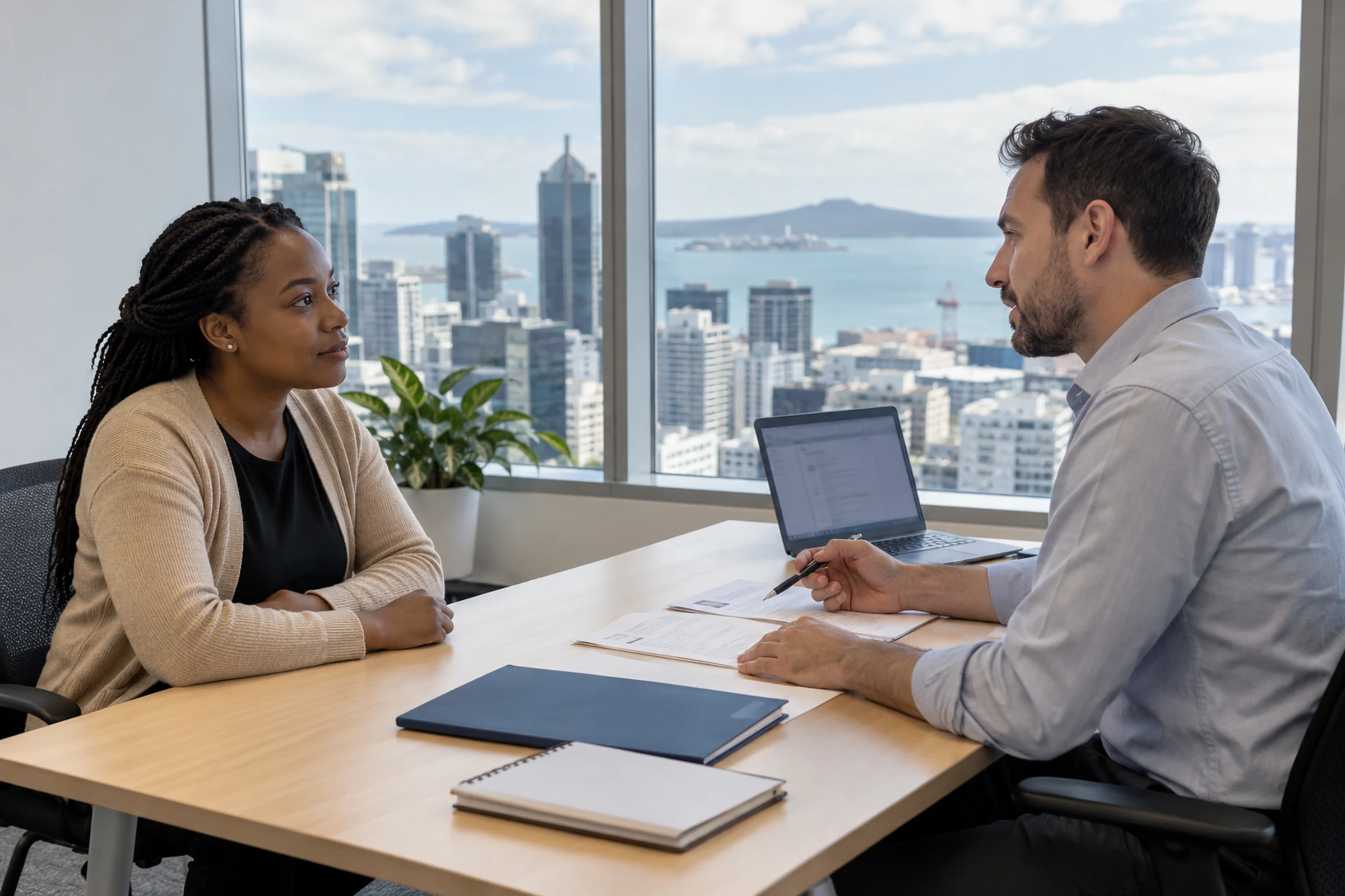 AI-generated illustrative scene of a consultant and candidate reviewing a CV across an office desk