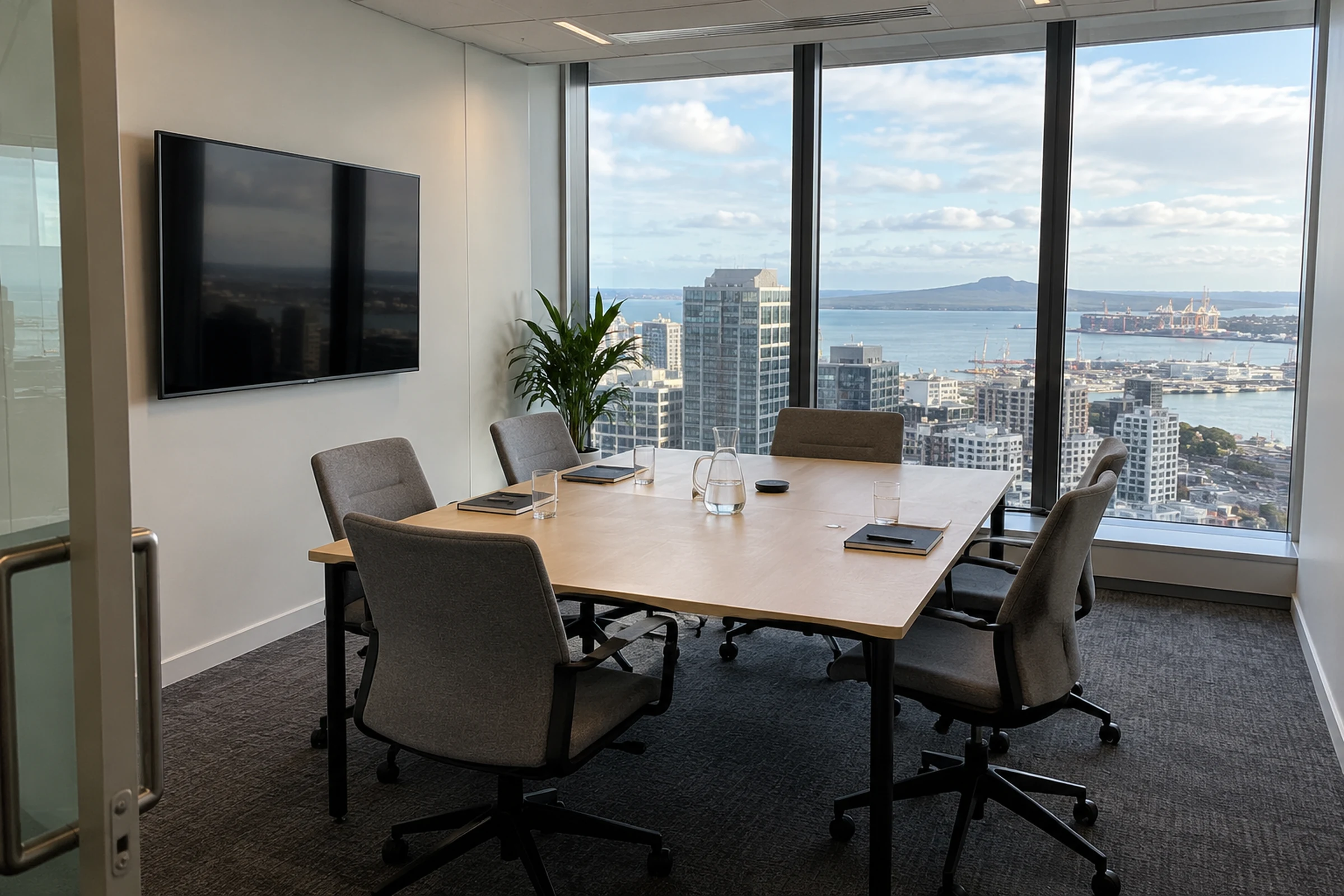 AI-generated illustrative scene of a serviced-office meeting room with a table, chairs and an Auckland city view