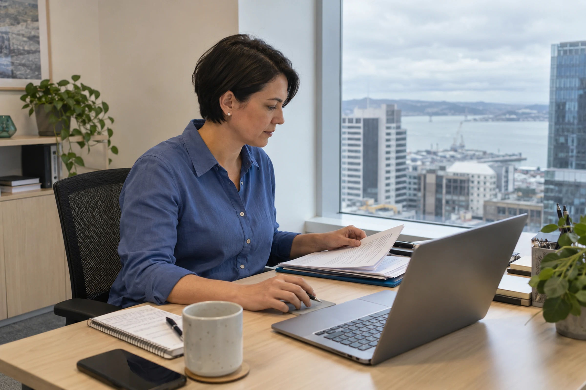 AI-generated illustrative scene of a consultant reviewing an application at a desk beside high-rise windows