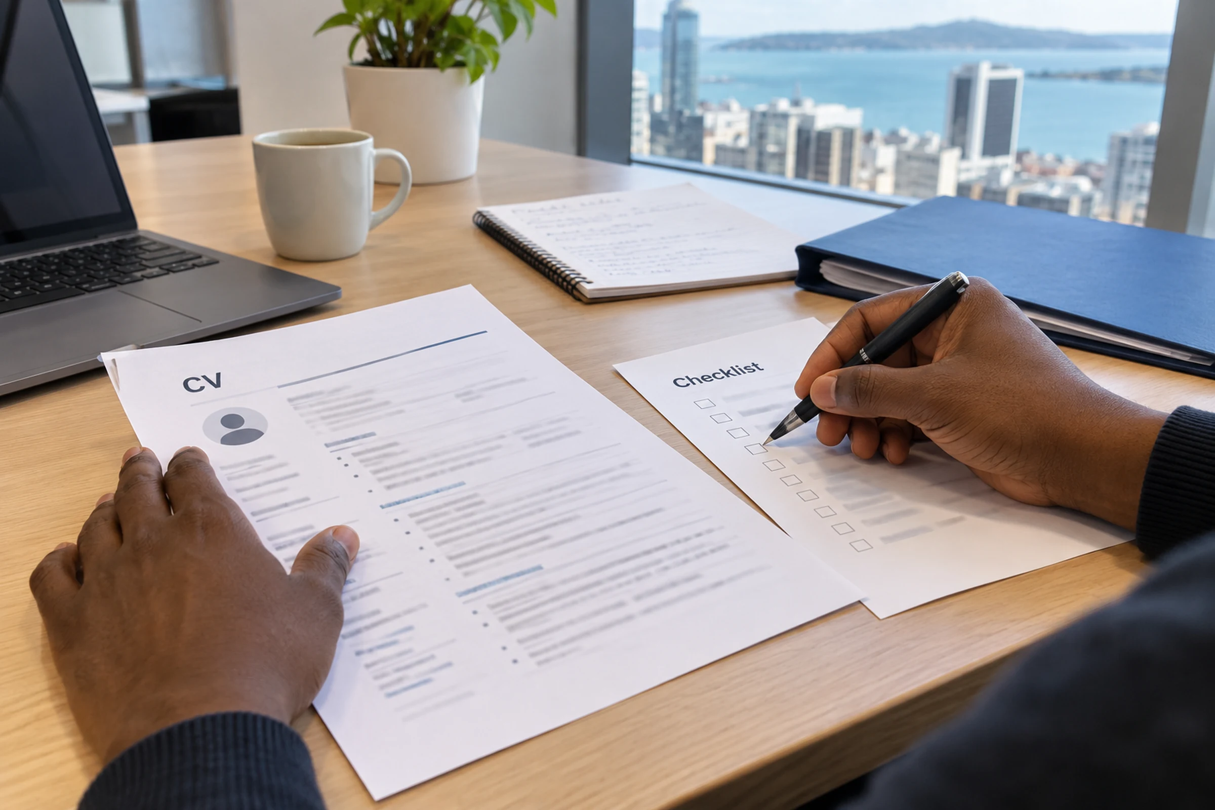 AI-generated illustrative close-up of hands reviewing a CV and application checklist on an office desk