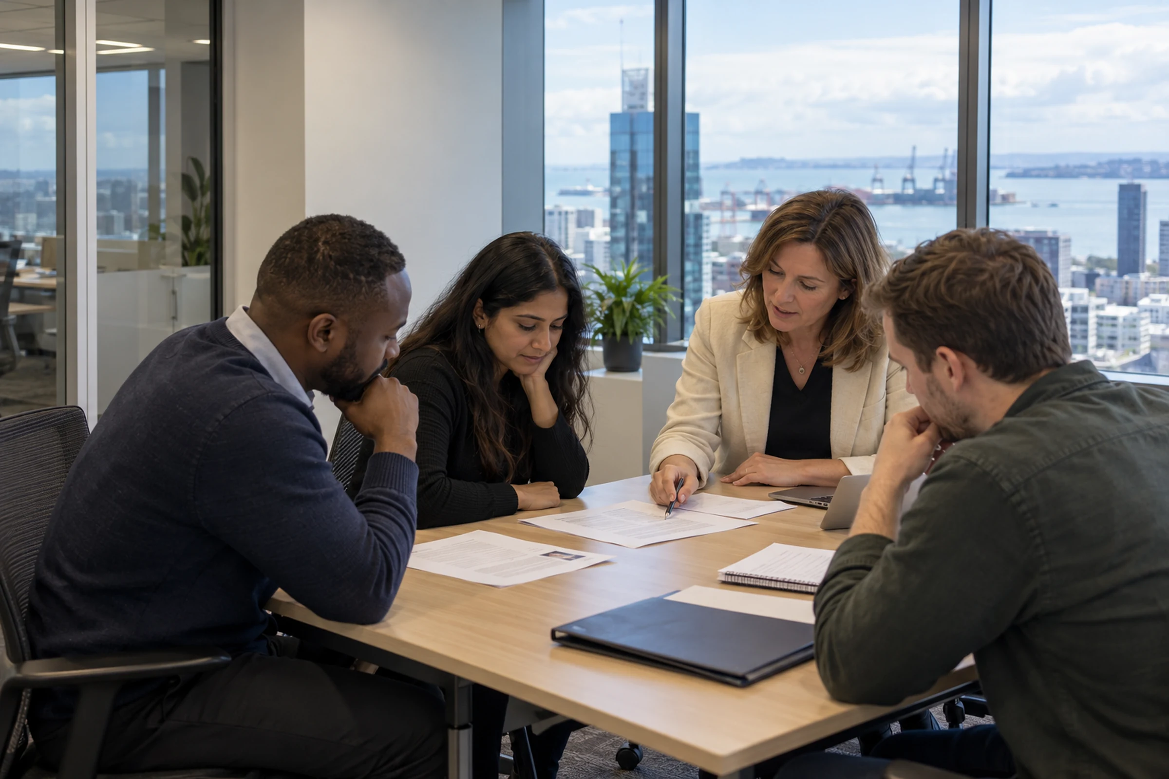 AI-generated illustrative scene of a small group discussing application documents around a meeting table