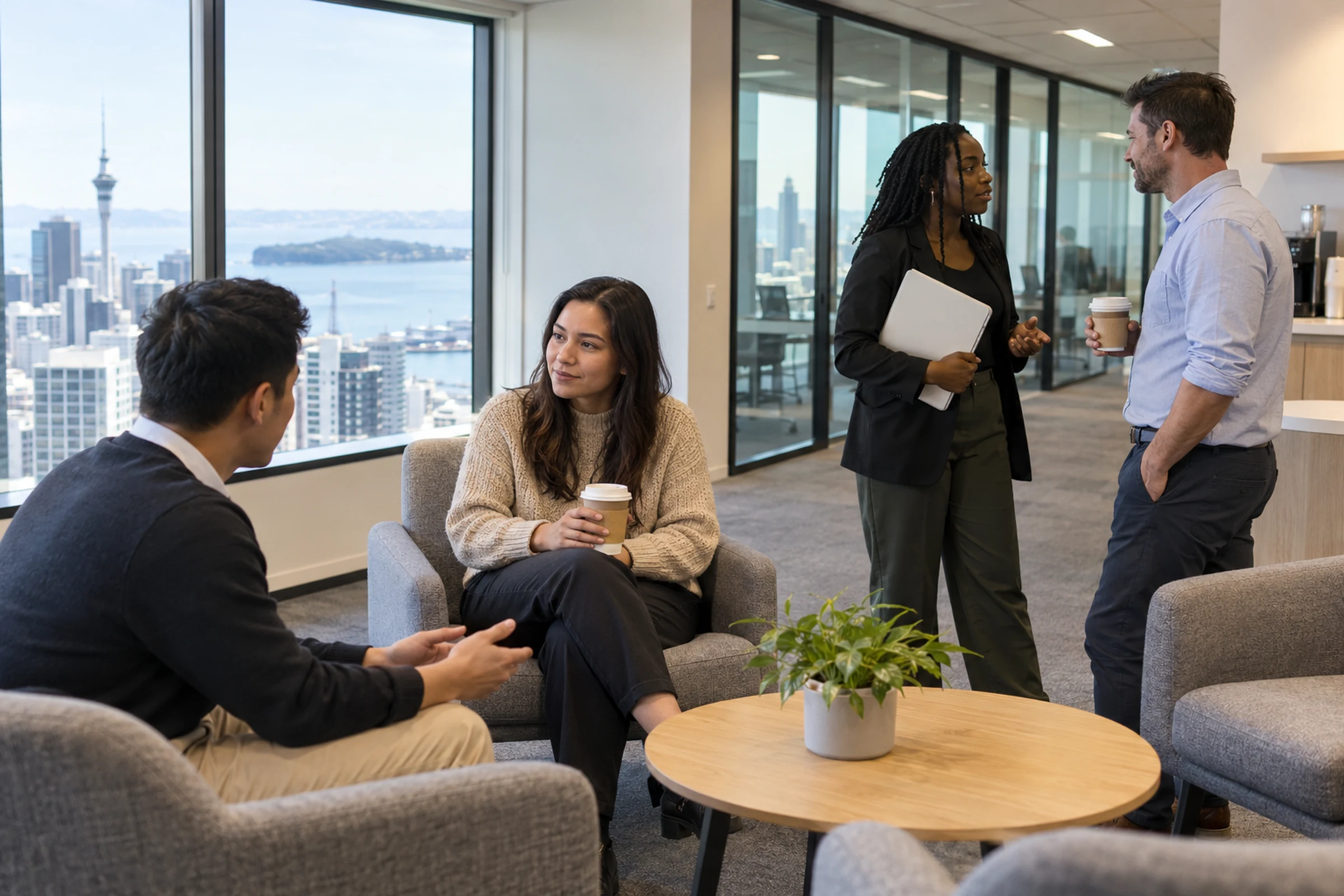 AI-generated illustrative scene of adults talking over coffee and folders in an office lounge