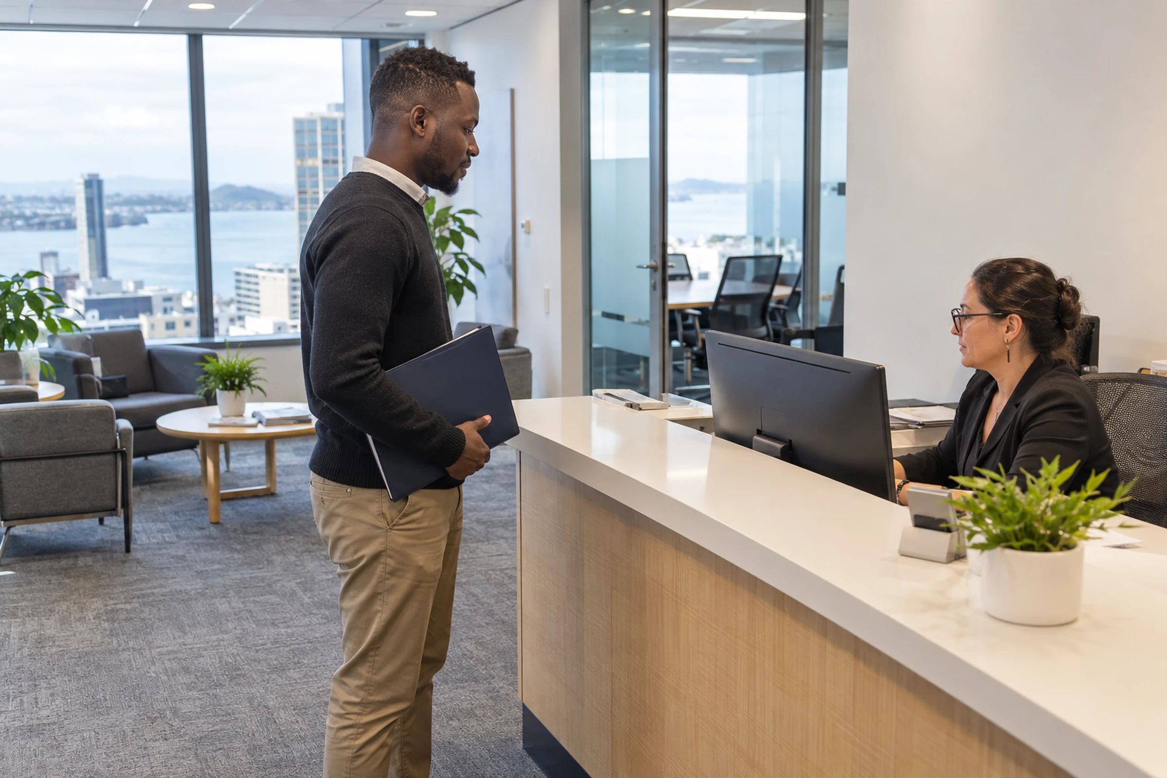 AI-generated illustrative scene of a visitor speaking with a receptionist in a serviced office