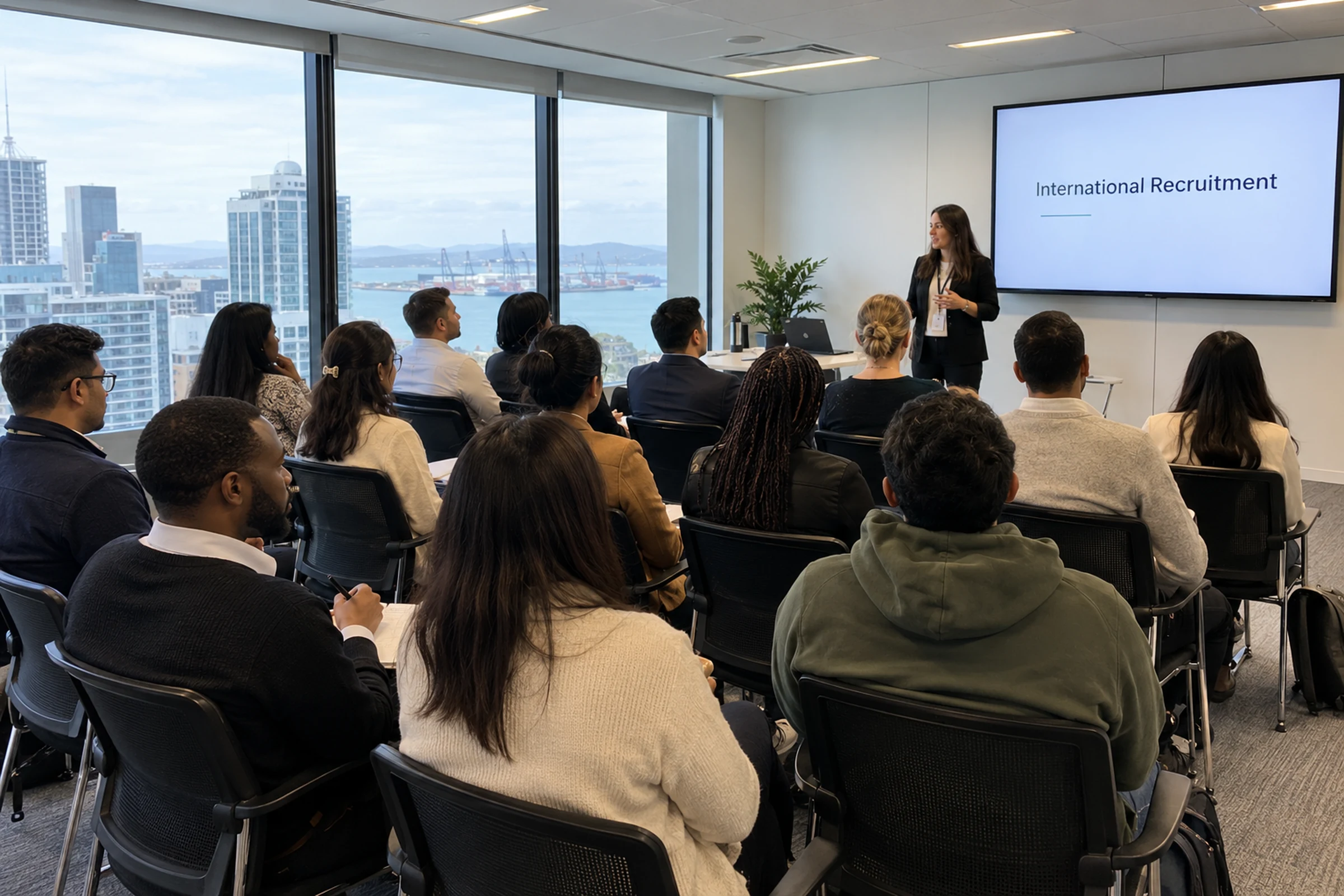 AI-generated illustrative scene of adults listening to a recruitment consultant in a conference room